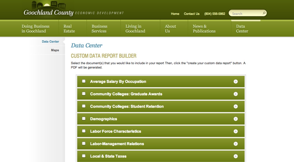 A data center and proposal builder lets visitors select the information they need and generate a printable report.