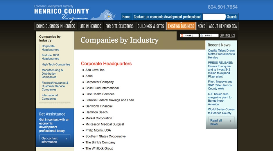 The content management system maintains a list of companies in the county.