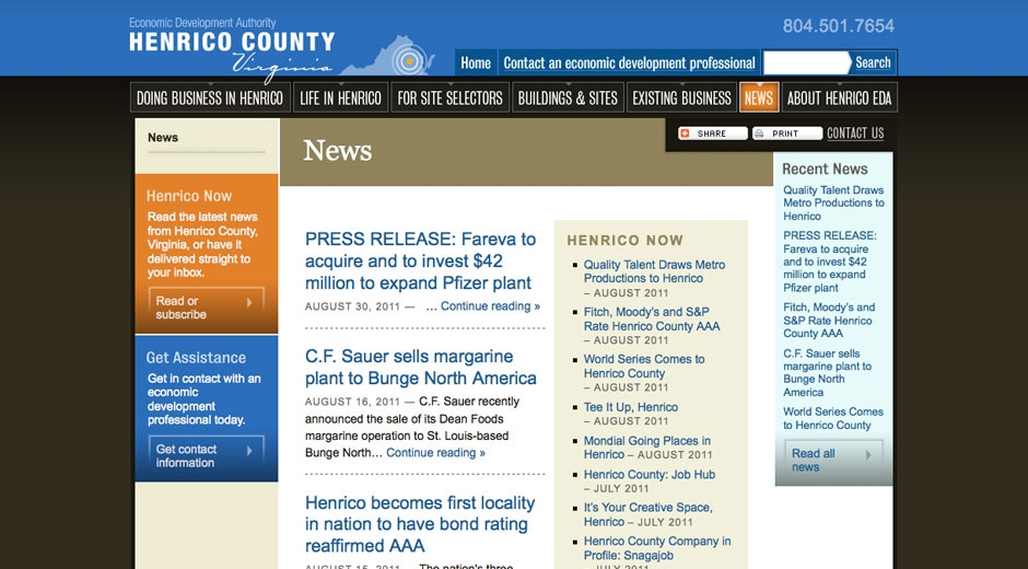 Henrico EDA staff can publish news items in-house, and the website integrates with external news features.
