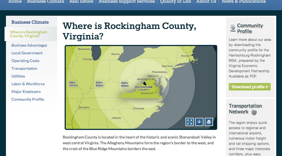 A downloadable map shows the location of Rockingham County and distances from other places on the East Coast.