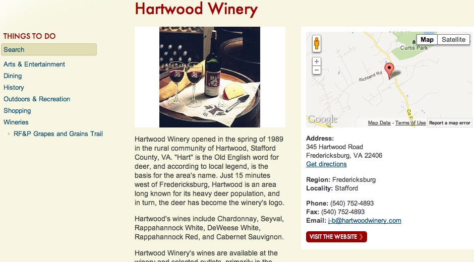 The website features details about attractions and events, fed by Virginia's tourism website, Virginia.org.