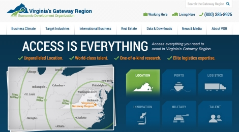 Virginia's Gateway Region homepage reinforces unique aspects of their location and proximity to transportation and labor.
