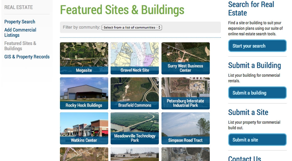 Visitors can search a real estate database or see enhanced listings for featured buildings and sites in the region.