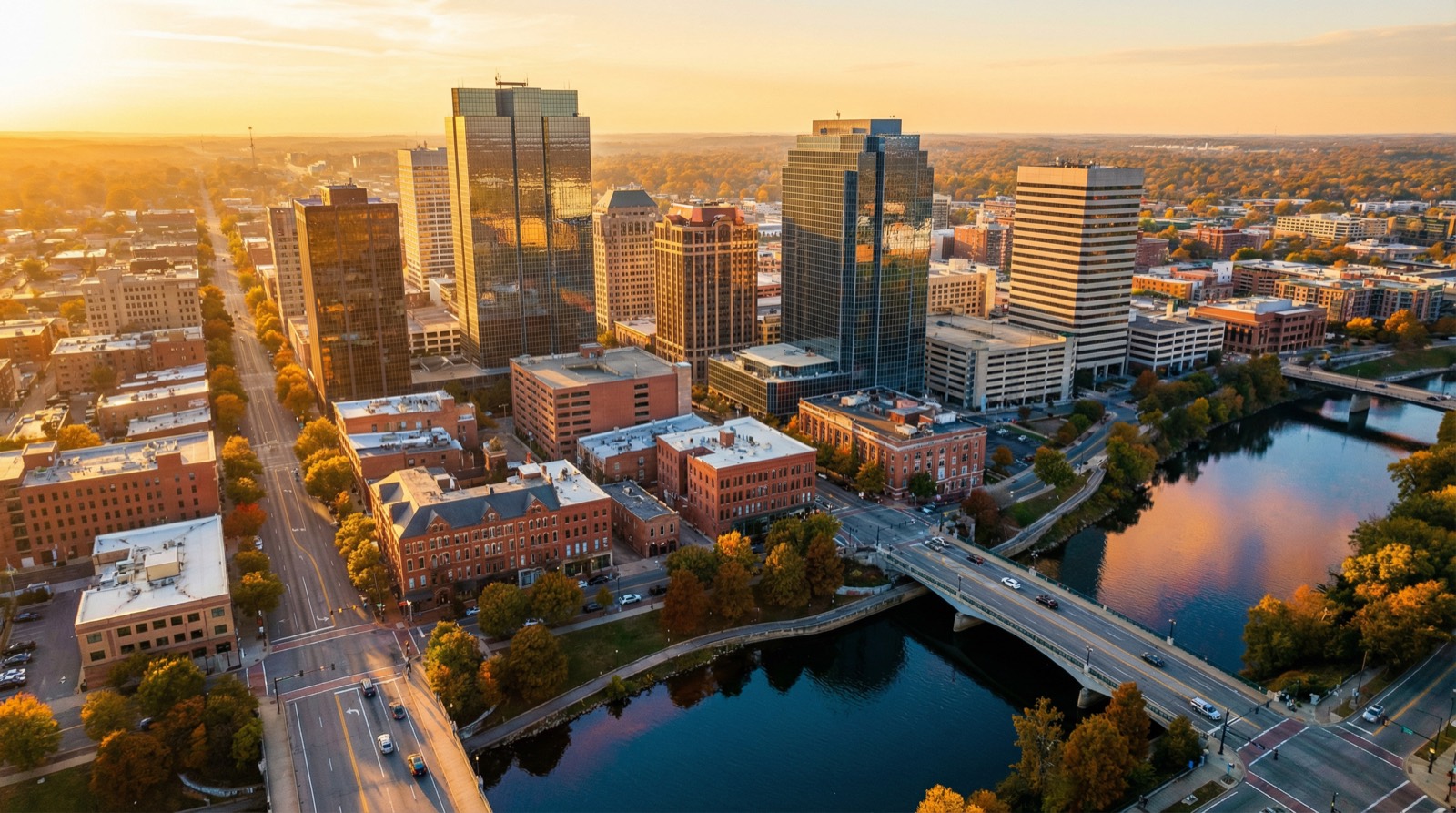 Thriving American city at golden hour